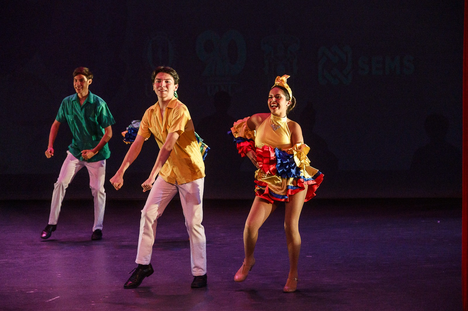 Integrantes de grupo de danza en escenario bailando