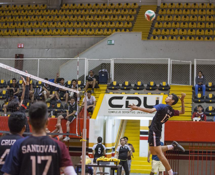 Integrantes de equipo varonil de voleibol disputando un encuentro 